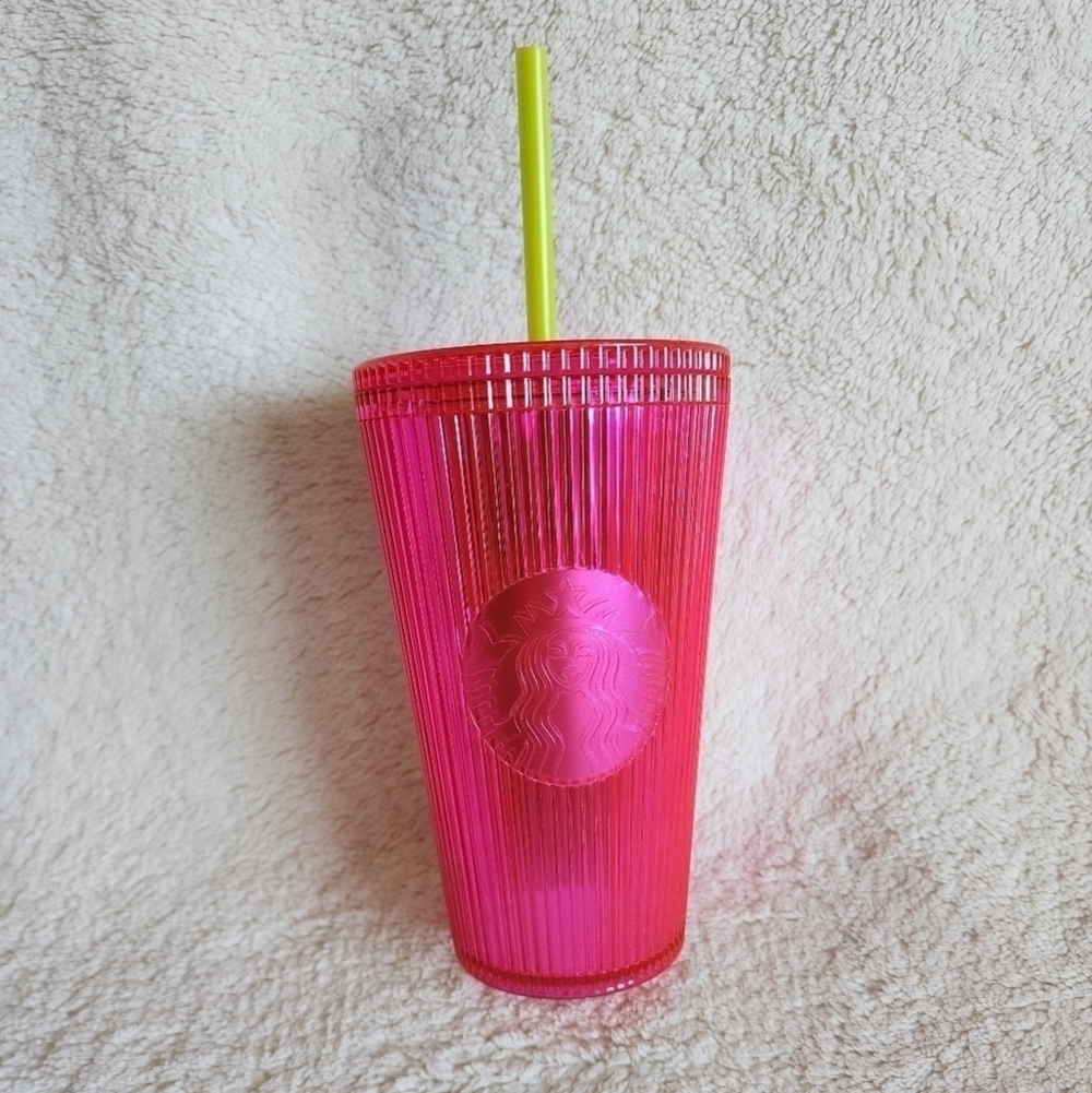 NEW Starbucks 2023 Dragonfruit Neon Pink Stripe 16oz Cold Cup Tumbler